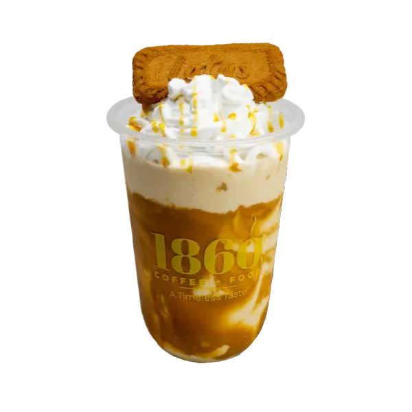 Creamy Biscoff Frappe, topped with whipped cream and Lotus cookie crumble at 1860 Coffee + Food Zamboanga cafe